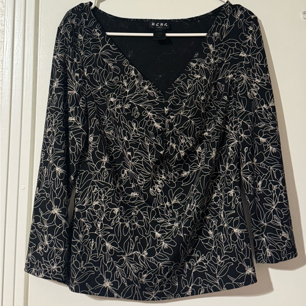 BCBG Black and White Floral Blouse